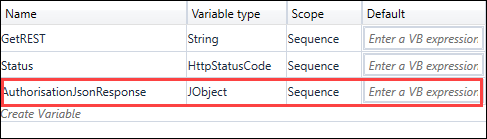 Variable for the ConvertStringtoJson activity